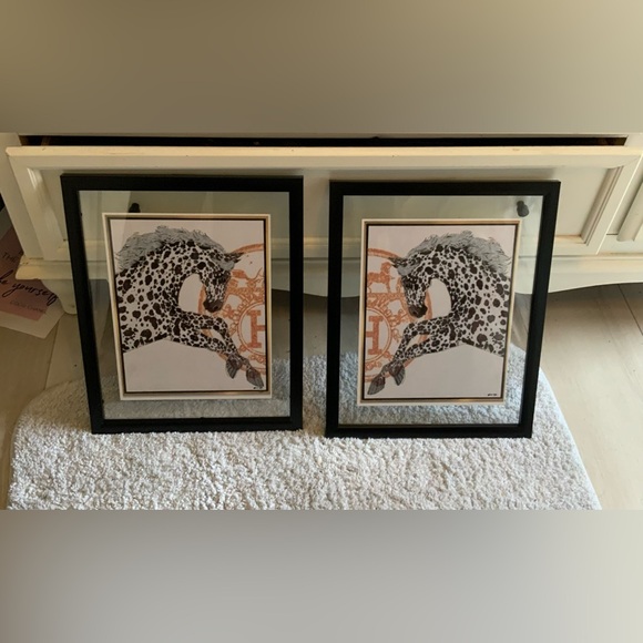 Set of 2 Upcycled Hermes-Inspired Horse Art Prints — Framed Between Glass - Picture 4 of 4